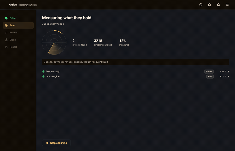 Kruftle scanning a folder, finding 21.5 GiB across 8 projects, reviewing what it found, running each project's own clean command, and reporting 18.4 GiB reclaimed.
